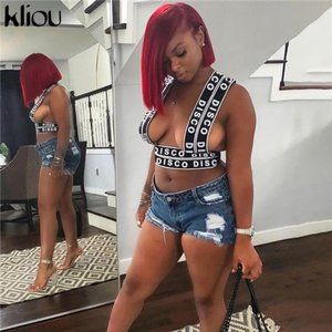 💋KLIOU CHEST WRAP GRAPHIC LETTER PRINT CROP TOP  BACKLESS VEST!!